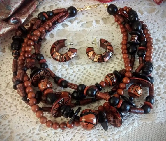 Vintage Wood Bead Choker Ethnic Tribal Necklace a… - image 1