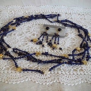 Lucite Necklace and Earring Set Blue Beads and Gold Stars New Old Stock from 1980’s