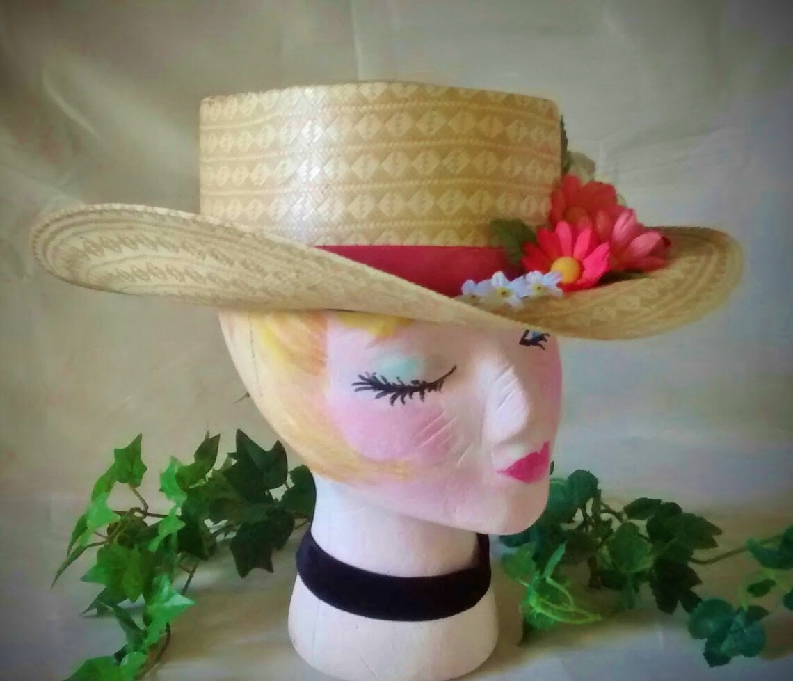 Vintage Straw Cowboy Hat Embellished With Flowers and Ribbon Etsy