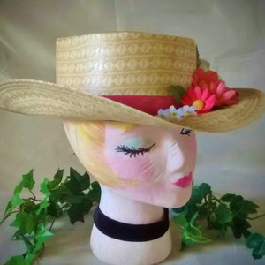 Vintage Straw Cowboy Hat Embellished With Flowers and Ribbon image 2