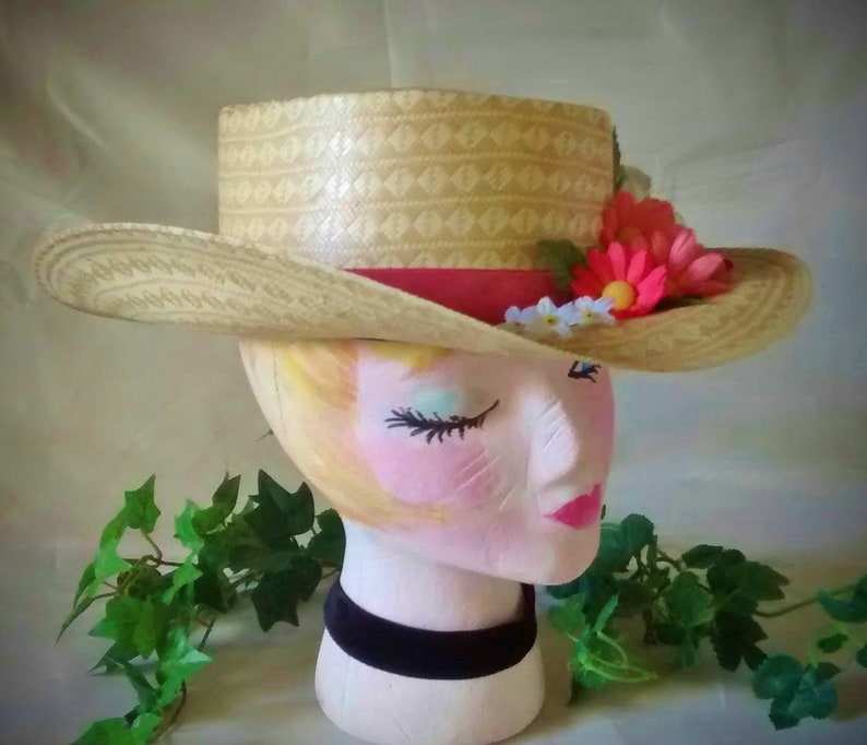Vintage Straw Cowboy Hat Embellished With Flowers and Ribbon image 2