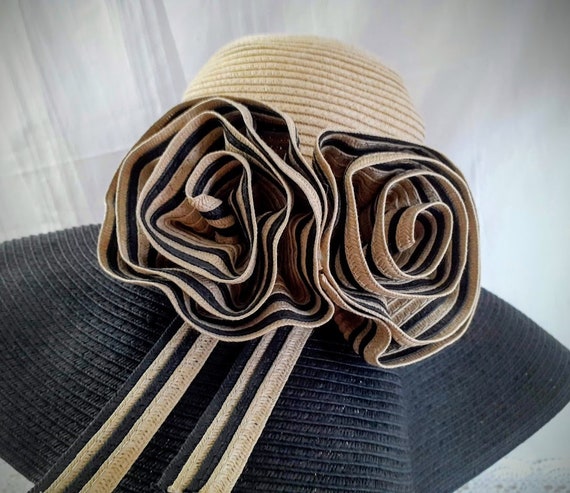 Vintage Straw Hat Wide Floppy Brim Tan and Black … - image 6