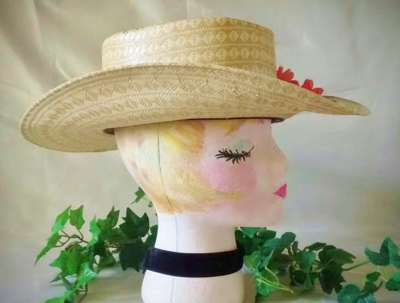 Vintage Straw Cowboy Hat Embellished With Flowers… - image 5