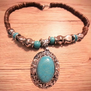 Beaded Necklace with Oval Pendant Silver Turquoise Ethnic Boho Hippy