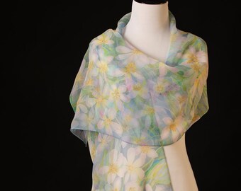 Hand Painted White Narcissus Silk Chiffon Scarf