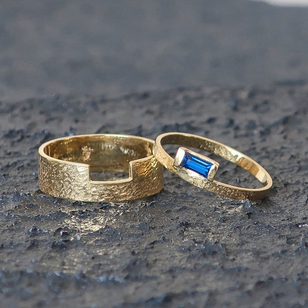 Sapphire Baguette Viking His and Hers Wedding Bands, Simple Couple Viking Wedding Ring, Engagement Ring, Gold Plated Matching Wedding Bands