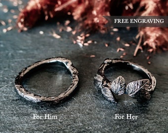 Sterling Silber Ehering Setzt für ihn, Paar Blatt Versprechen Ring, Damen Blattring, heidnischer Zweigring, Waldnatur Ehering Set