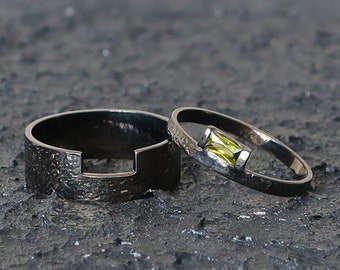 Emerald Viking Wedding Ring Sets His and Hers, Hammered Silver Unique Wedding Band, Oath Promise Matching Baguette Ring, Rustic Wedding Band