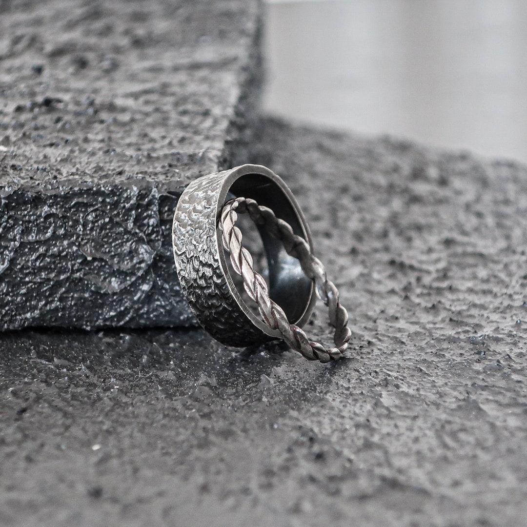 Nature Inspired Medieval Wedding Band Set His and Her Dark Silver ...