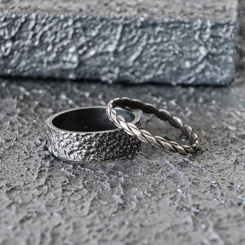 Nature Inspired Medieval Wedding Band Set His and Her Dark Silver ...