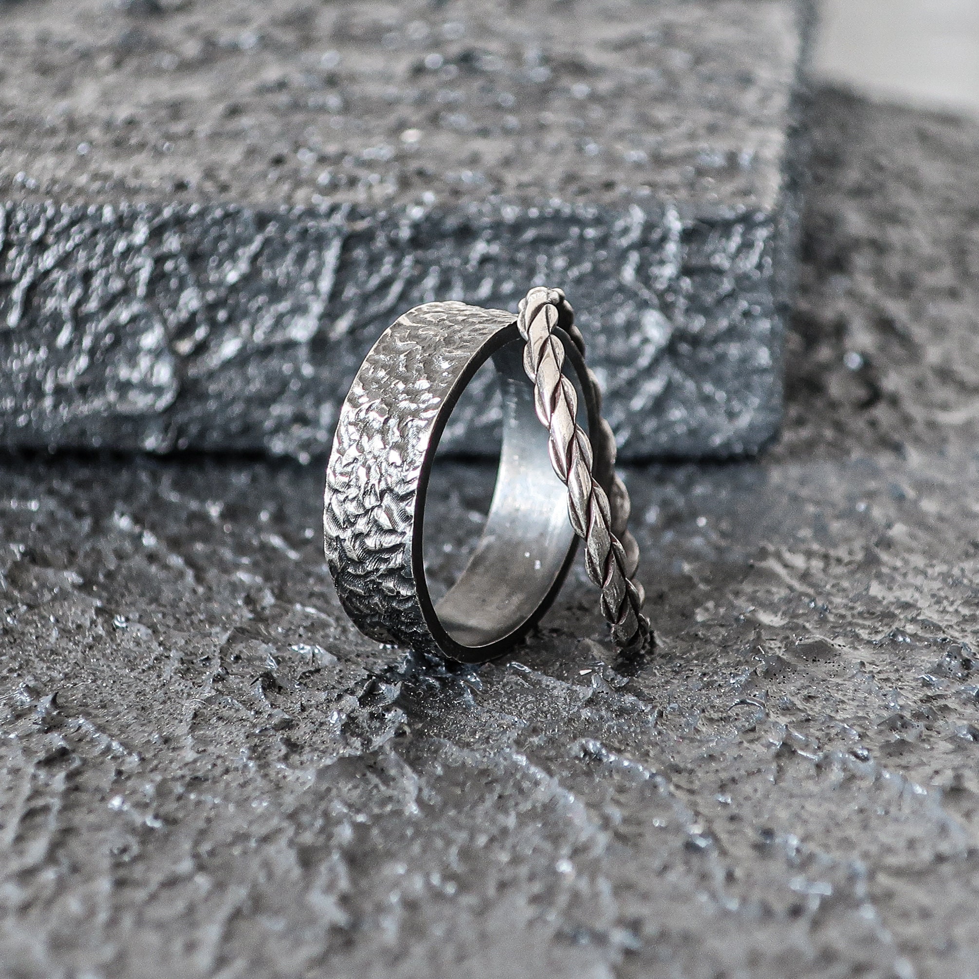 Nature Inspired Medieval Wedding Band Set His and Her Dark Silver ...