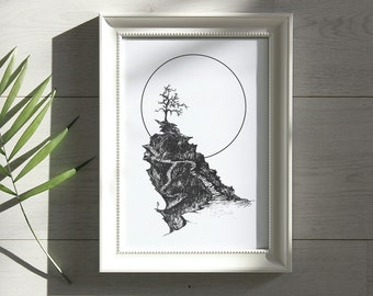 Black and White Nature Illustration, Macabre One Tree Hill Art Print, Ink Drawing, 4x6 inches