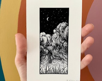 Black and White Nature Illustration, Moon Grass Art Print, Ink Drawing, 4x6 inches