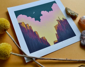 Mountain Painting, Nature Illustration, Landscape Art, Giclee Print, 5x5 inches