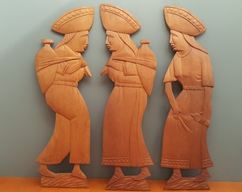 Three vintage teak wood wall carvings 1960s (V840-A)