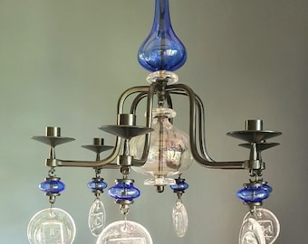 Erik Höglund - Wrought iron art glass chandelier - Sweden - 1960s (V790)