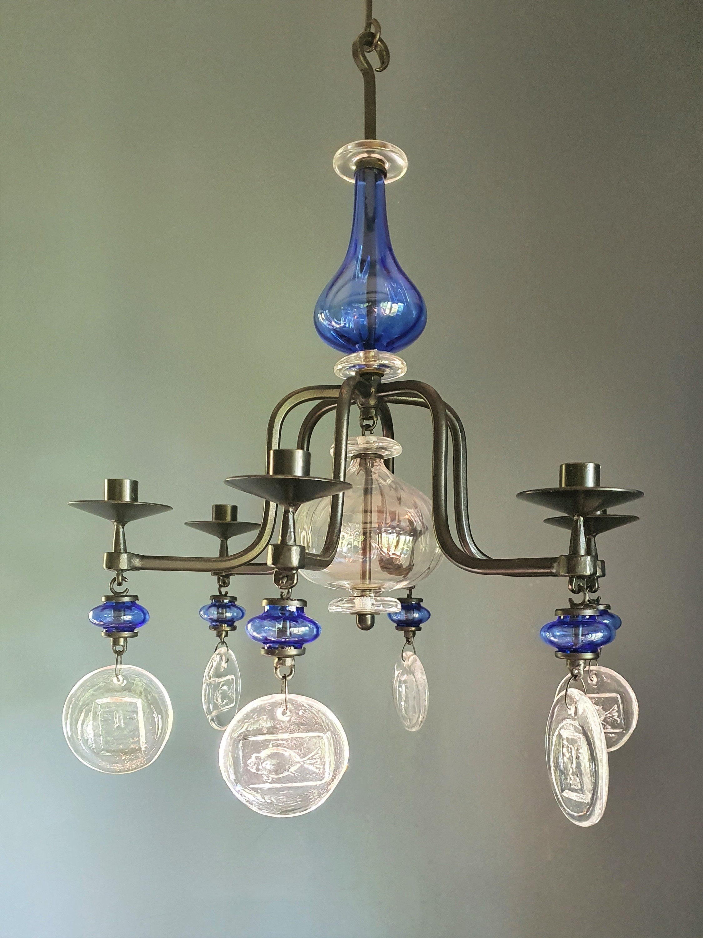 Erik Höglund - Wrought Iron Art Glass Chandelier - Sweden