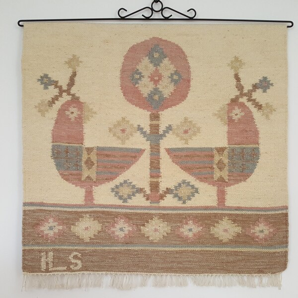 Ilsalestalon Mattolutomo - "Birds of Paradise" Kelim Wool Tapestry - Wall hanging - Finland - 1980s - 88 x 85 cm / 34.5x33.5" (V858)