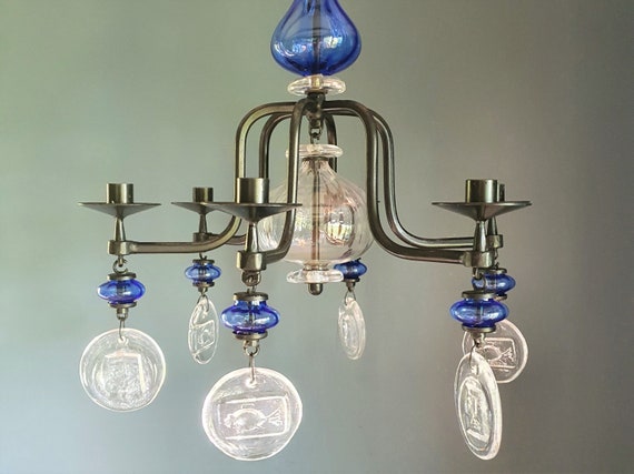 Erik Höglund - Wrought Iron Art Glass Chandelier - Sweden - 1960s