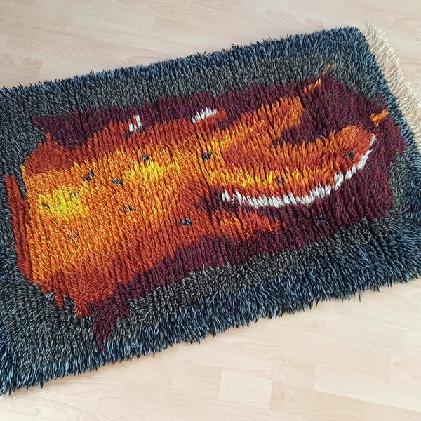 Swedish Wool Rya Rug - 130x79cm/ 51x31" - 1960s (V877-D)