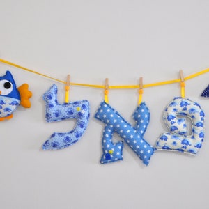 Banner com nome de letras de tecido de 7 ", letras de tecido penduradas, letras de tecido com nome do bebê, letras de algodão azul, guirlanda de nome de letras, letras penduradas na parede