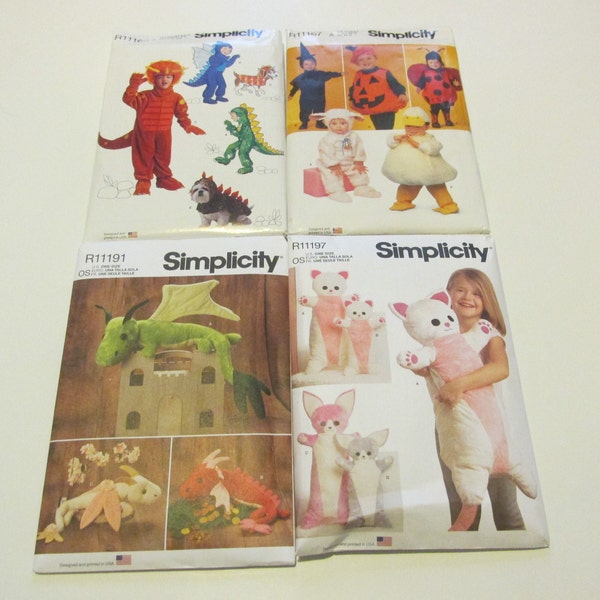 NEW Simplicity 11166 1765 Child's and Dog's Dino Costumes, 11167 2788 Toddler's Costumes, 11191 9363 Plush Dragons, 11197 9362 Body Pillows