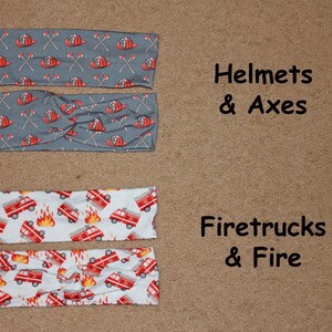 May include: Two sets of gray and white headbands with a firetruck theme. The top set features red helmets and axes, and the bottom set features red firetrucks and flames. The text "Helmets & Axes" and "Firetrucks & Fire" is written below each set.