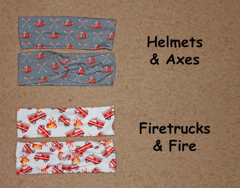 May include: Two sets of gray and white headbands with a firetruck theme. The top set features red helmets and axes, and the bottom set features red firetrucks and flames. The text "Helmets & Axes" and "Firetrucks & Fire" is written below each set.