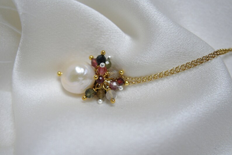 Necklace with pearl pendant gemstones multi tourmaline balls natural color and garnet