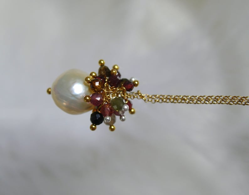 Necklace with pearl pendant gemstones multi tourmaline balls natural color and garnet