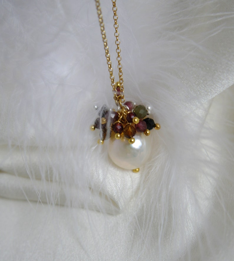 Necklace with pearl pendant gemstones multi tourmaline balls natural color and garnet