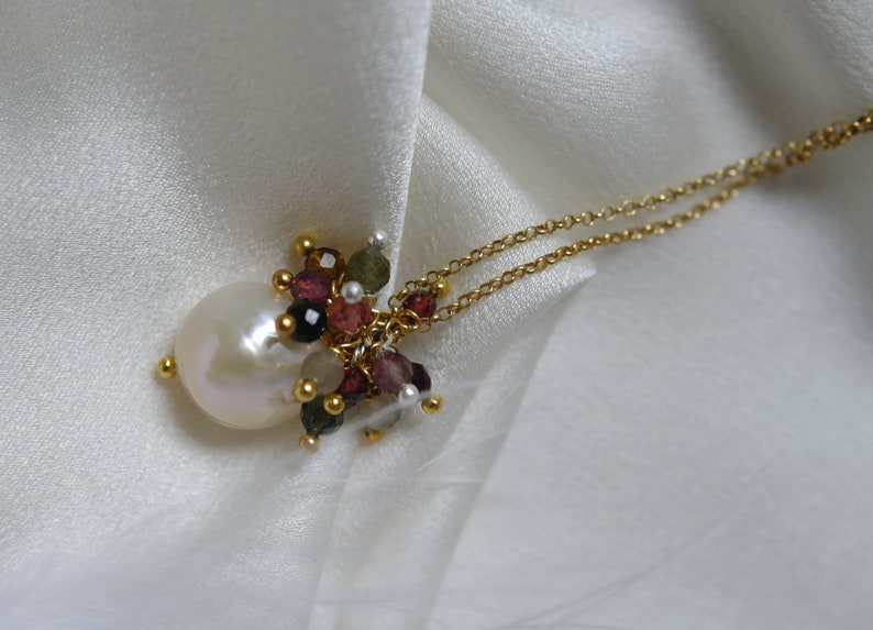 Necklace with pearl pendant gemstones multi tourmaline balls natural color and garnet