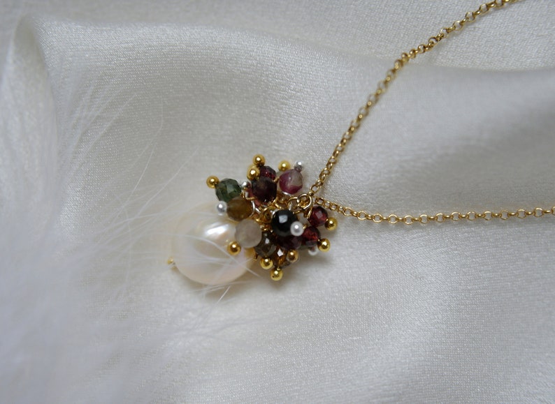 Necklace with pearl pendant gemstones multi tourmaline balls natural color and garnet