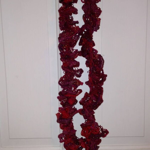 Frilly Sashay scarf in reds and purples.  Women's.