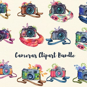 Colorful watercolor boho camera with straps png clipart set, watercolour photo camera illustrations, photographer clipart, image 1