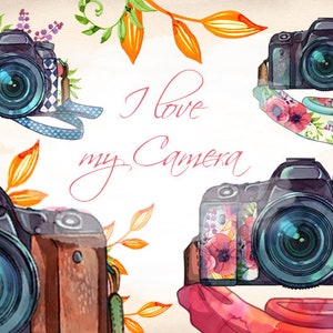 Colorful watercolor boho camera with straps png clipart set, watercolour photo camera illustrations, photographer clipart, image 8