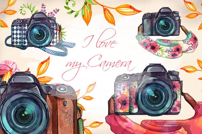 Colorful watercolor boho camera with straps png clipart set, watercolour photo camera illustrations, photographer clipart, image 8