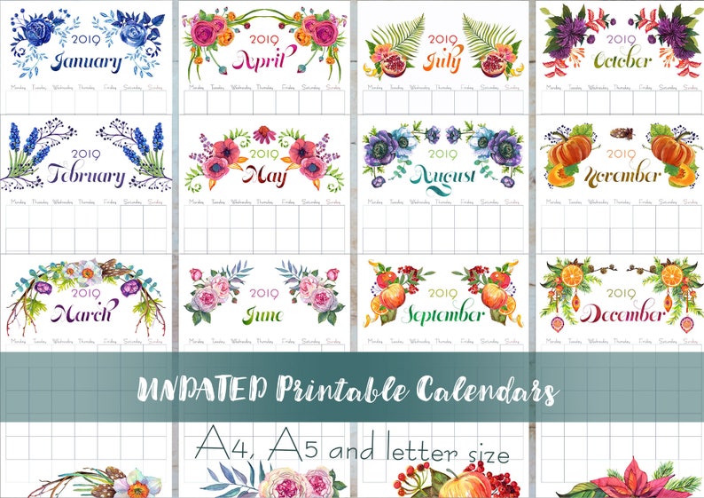 Undated Printable Calendars All Months With Watercolor Illustrations Etsy