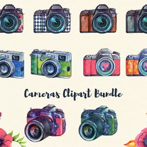 Colorful watercolor boho camera with straps png clipart set, watercolour photo camera illustrations, photographer clipart, image 3