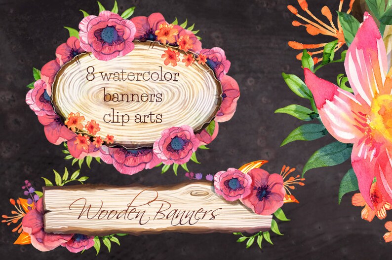 Wooden Banners watercolor clipart image 1