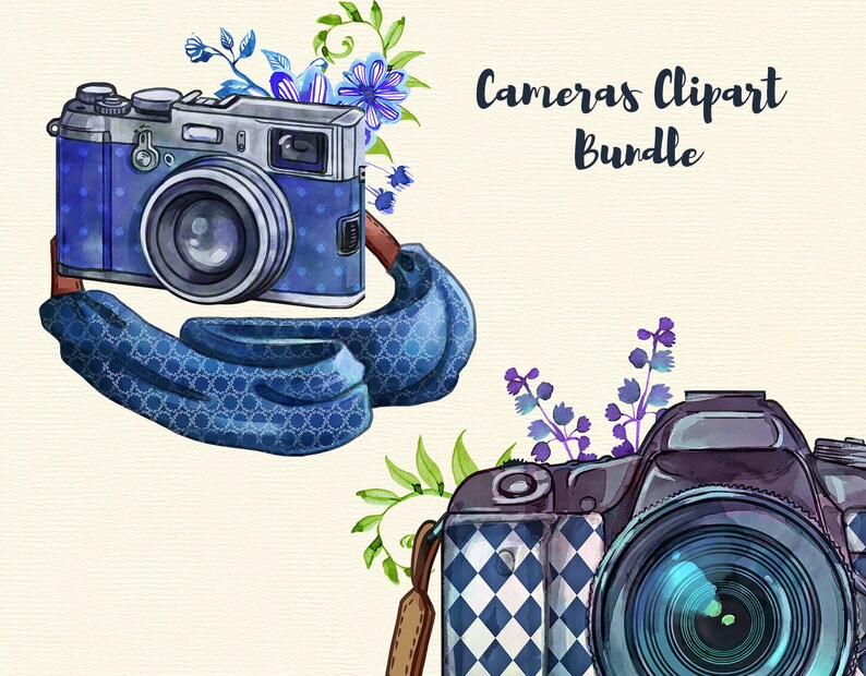 Colorful watercolor boho camera with straps png clipart set, watercolour photo camera illustrations, photographer clipart, image 5