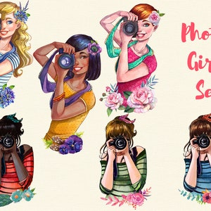 Photographer woman watercolor clipart , girl with camera clipart, photographer logo image 2