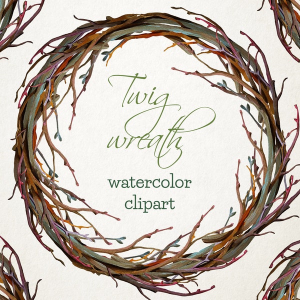 Twig wreath watercolor clipart