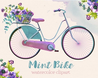 Mint bike watercolor clipart with flowers, large PNG file