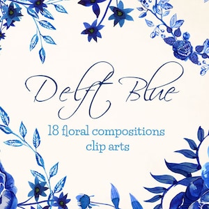 Delft Blue watercolor Floral Clipart, Delft flowers hand-painted wreaths, frames and corners, blue floral watercolor png clip art, image 1