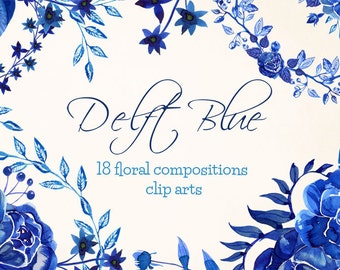 Delft Blue watercolor Floral Clipart, Delft flowers hand-painted wreaths, frames and corners, blue floral watercolor png clip art,