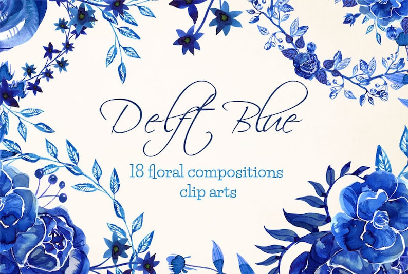 Delft Blue watercolor Floral Clipart, Delft flowers hand-painted wreaths, frames and corners, blue floral watercolor png clip art, image 1