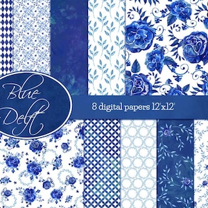 Blue Delft digital scrapbooking papers with blue watercolor flower patterns image 1