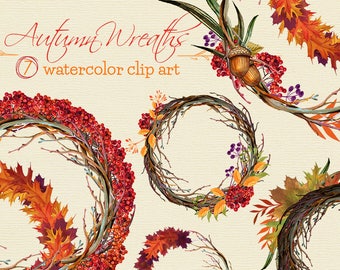 Autumn wreaths watercolor clip art, printable wreath clip art, fall watercolor clip art, autumn wreath watercolor illustration, printable