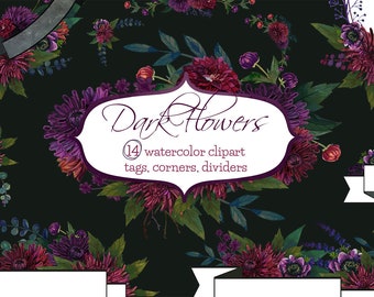 Dark Flower tags, Dark flowers clipart, Purple flowers clipart, Dark watercolor clipart, Floral clipart labels, printable tags, Funeral tags